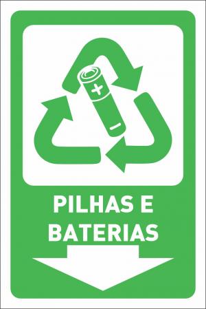 Placa reciclável pilhas e baterias seta para baixo  10 x 15cm    